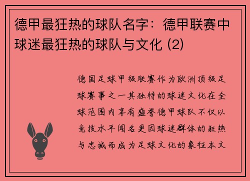 德甲最狂热的球队名字：德甲联赛中球迷最狂热的球队与文化 (2)